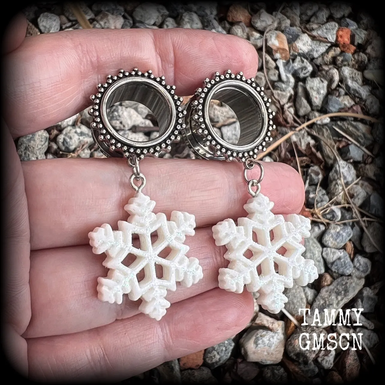 Glitter snowflake tunnel earrings-Christmas tunnel dangles