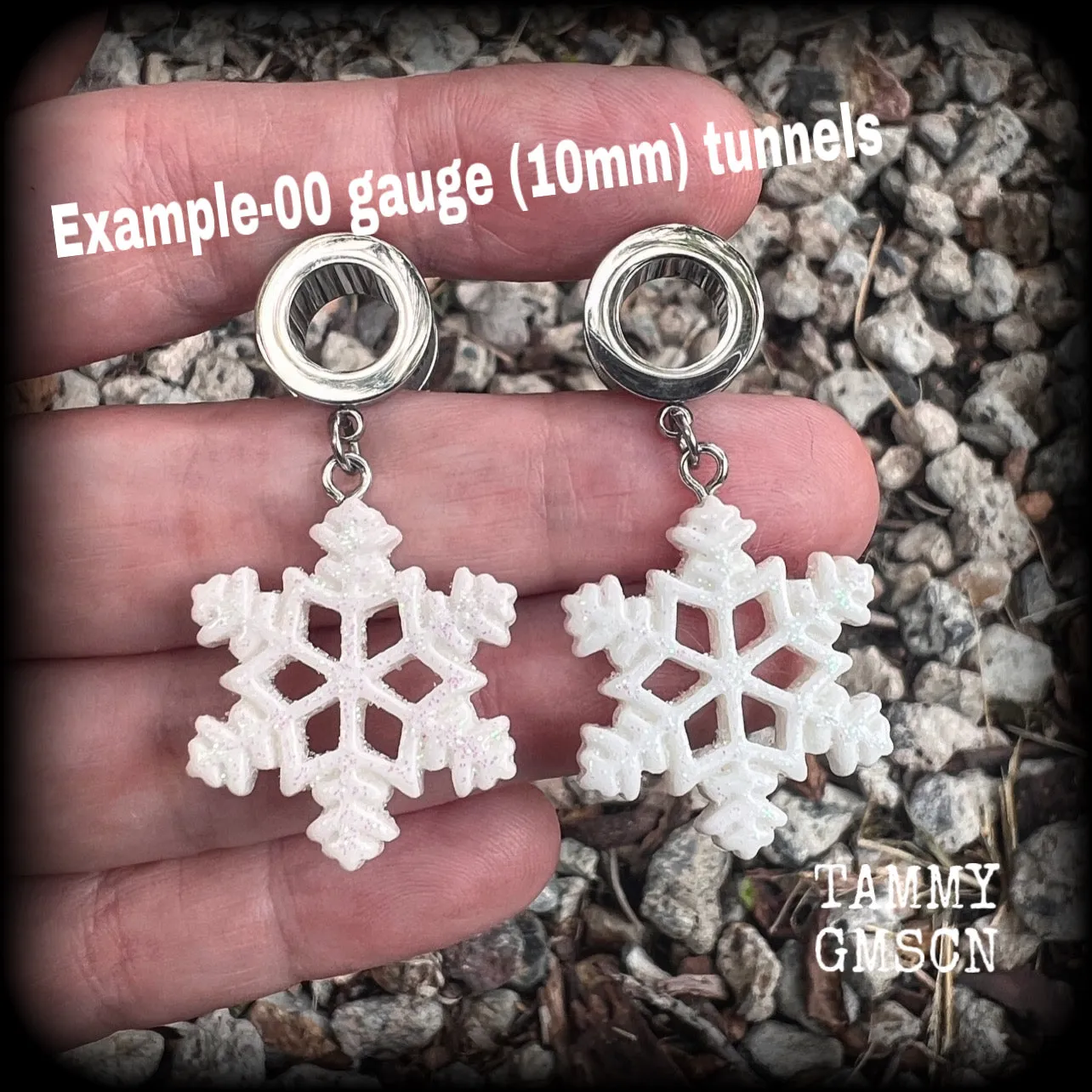 Glitter snowflake tunnel earrings-Christmas tunnel dangles