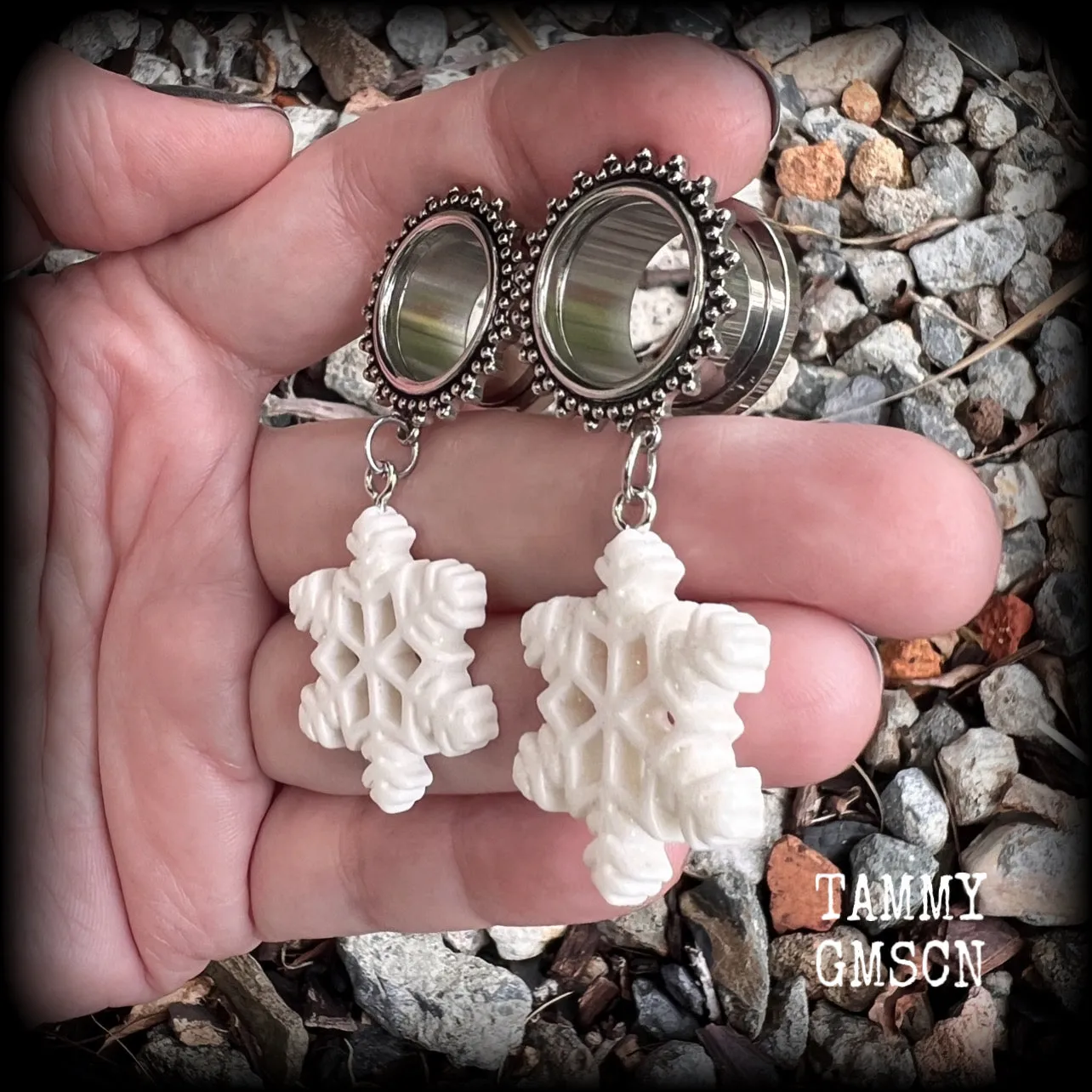 Glitter snowflake tunnel earrings-Christmas tunnel dangles