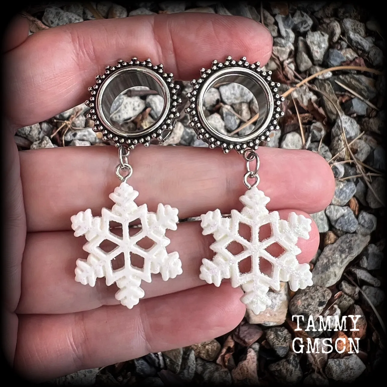 Glitter snowflake tunnel earrings-Christmas tunnel dangles