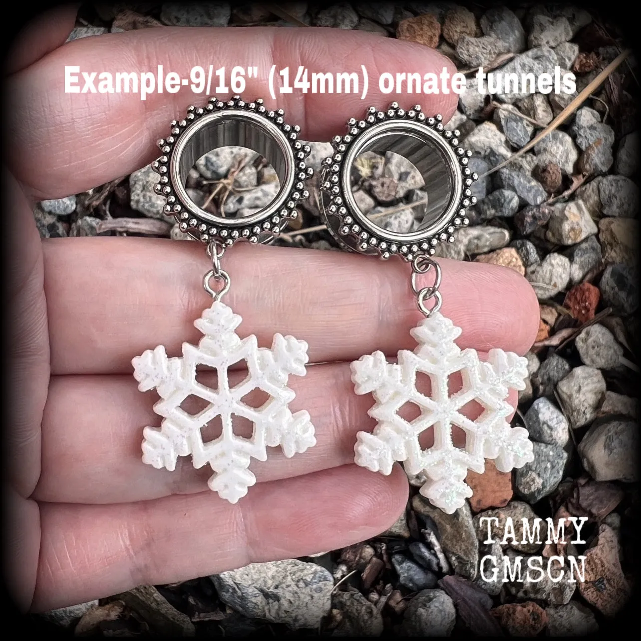 Glitter snowflake tunnel earrings-Christmas tunnel dangles