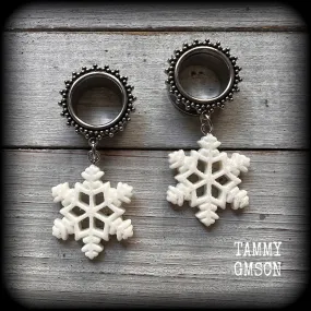Glitter snowflake tunnel earrings-Christmas tunnel dangles