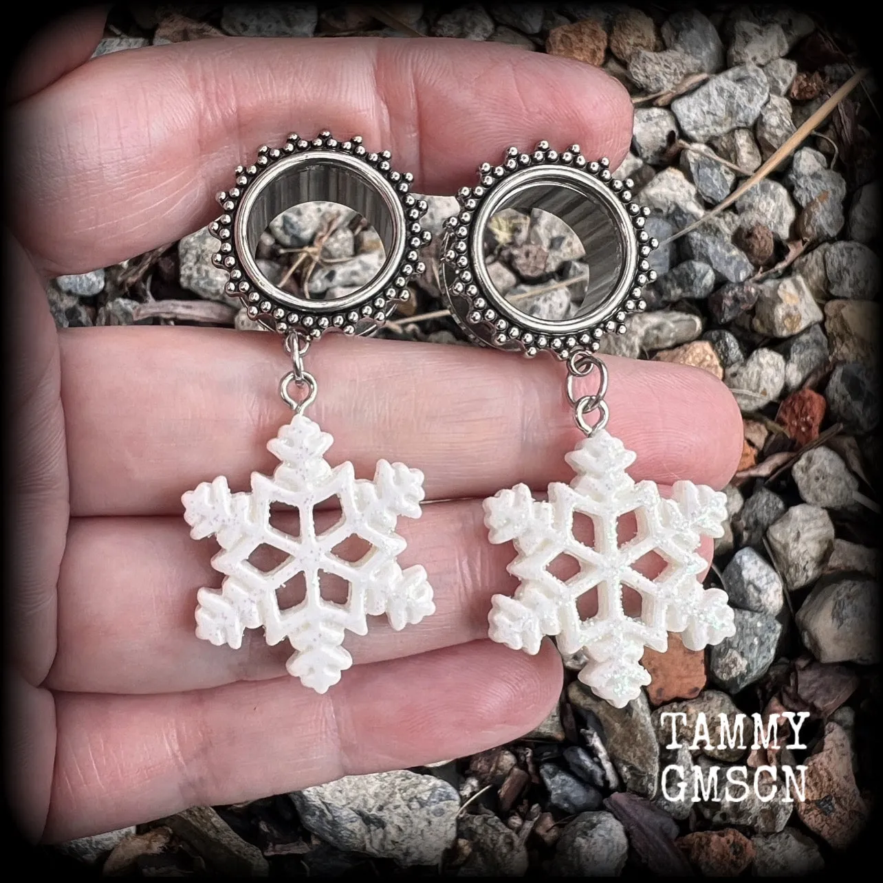Glitter snowflake tunnel earrings-Christmas tunnel dangles