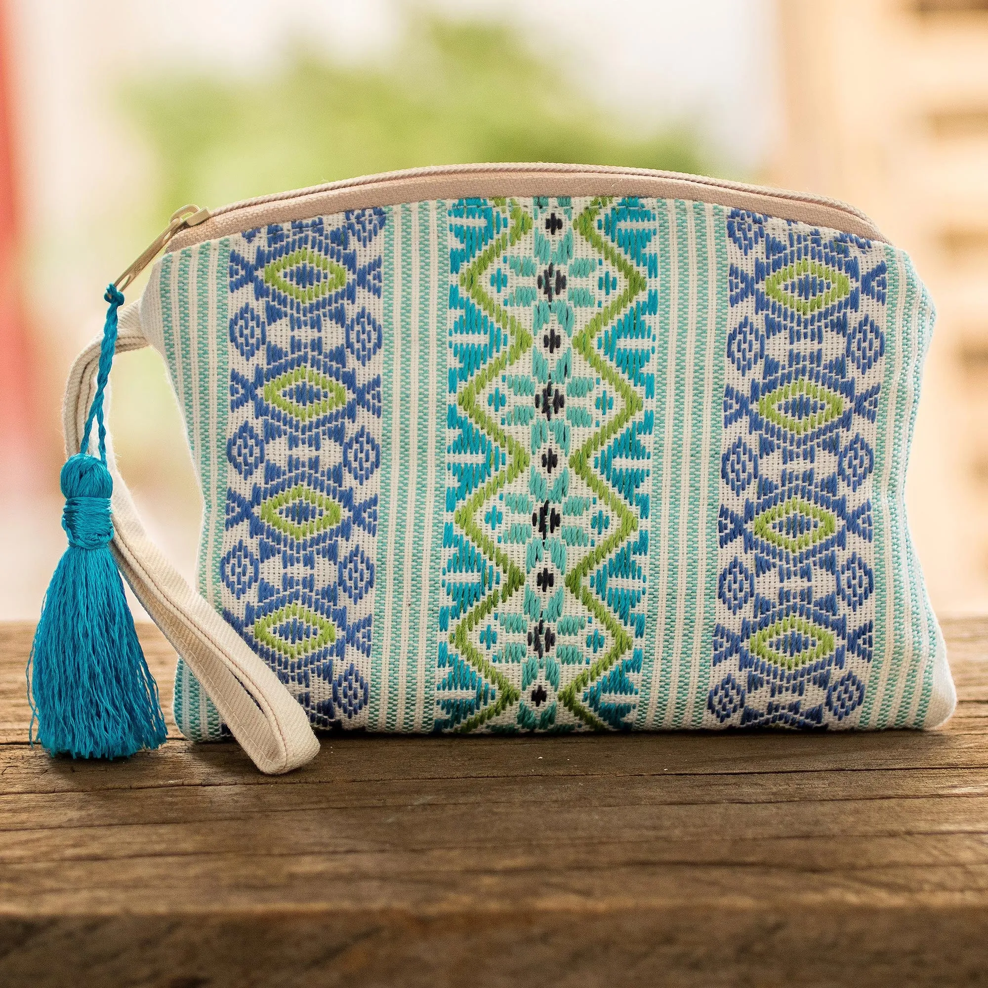 Handwoven Blue and Turquoise Cotton Cosmetic Case - Colors of Spring | NOVICA