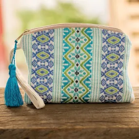 Handwoven Blue and Turquoise Cotton Cosmetic Case - Colors of Spring | NOVICA