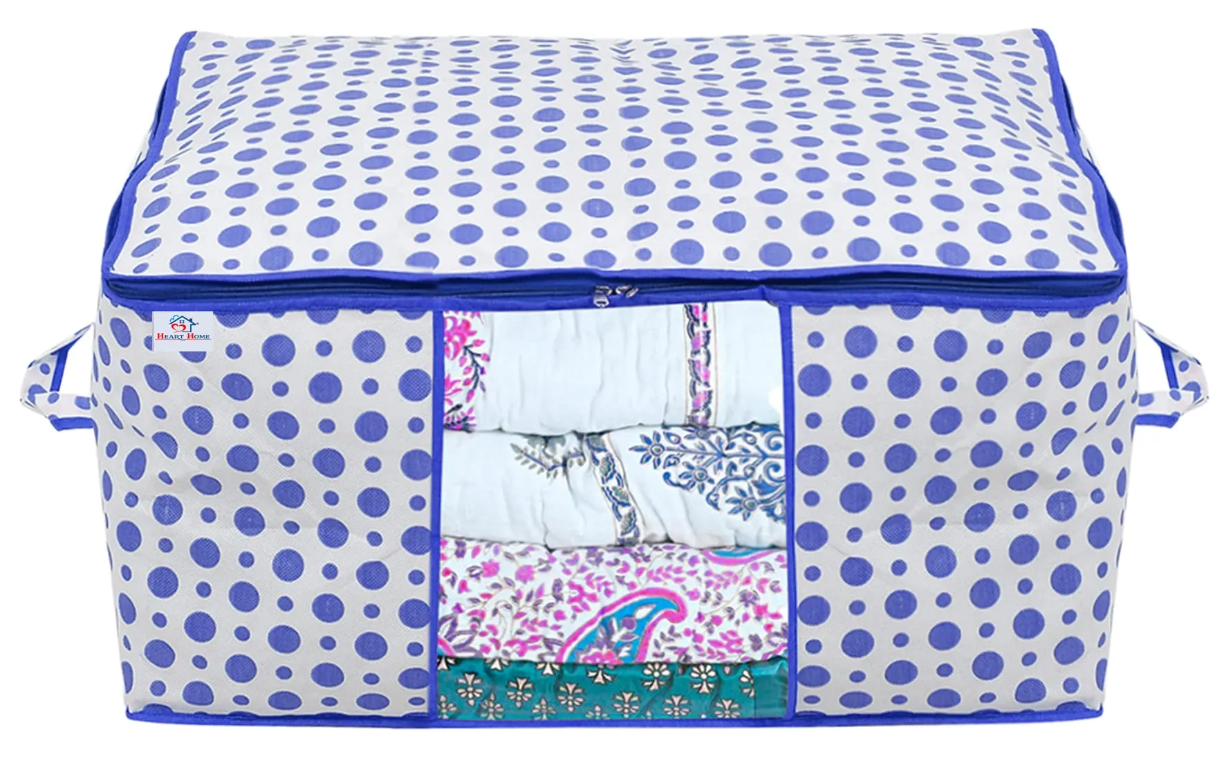 Heart Home Dot Printed Foldable, Lightweight Non Woven Underbed Storage Bag For Toys/Blankets/Stationery Paper/Clothes With Transparent Window With Handle Pack of 3 (Blue)-46HH0604