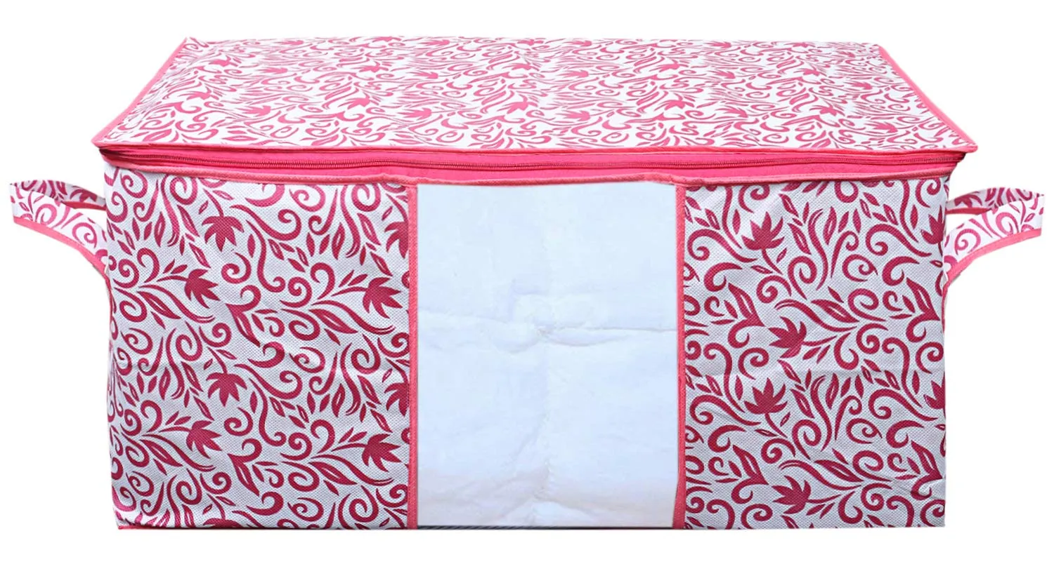Kuber Industries Leaf Design Non Woven Underbed Storage Organizer|Blanket Cover|Pack of 3 (Pink)