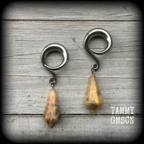 Lace agate gauged earrings-Gemstone ear hangers