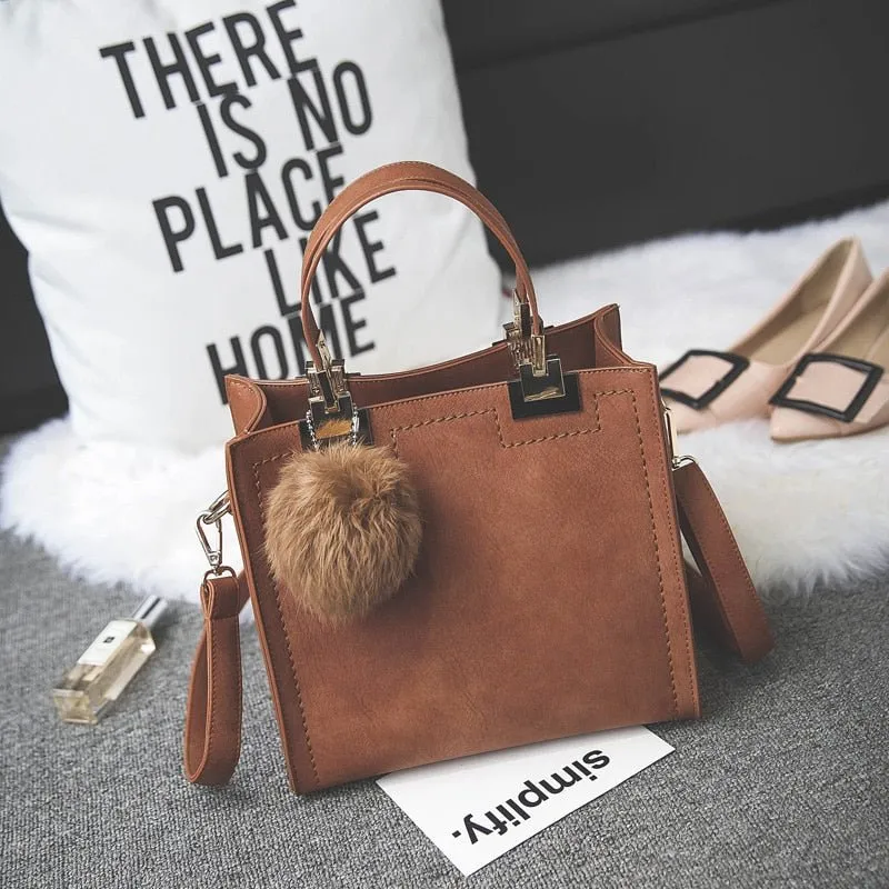 LEFTSIDE Large Suede Leather With Fur Ball Handbag