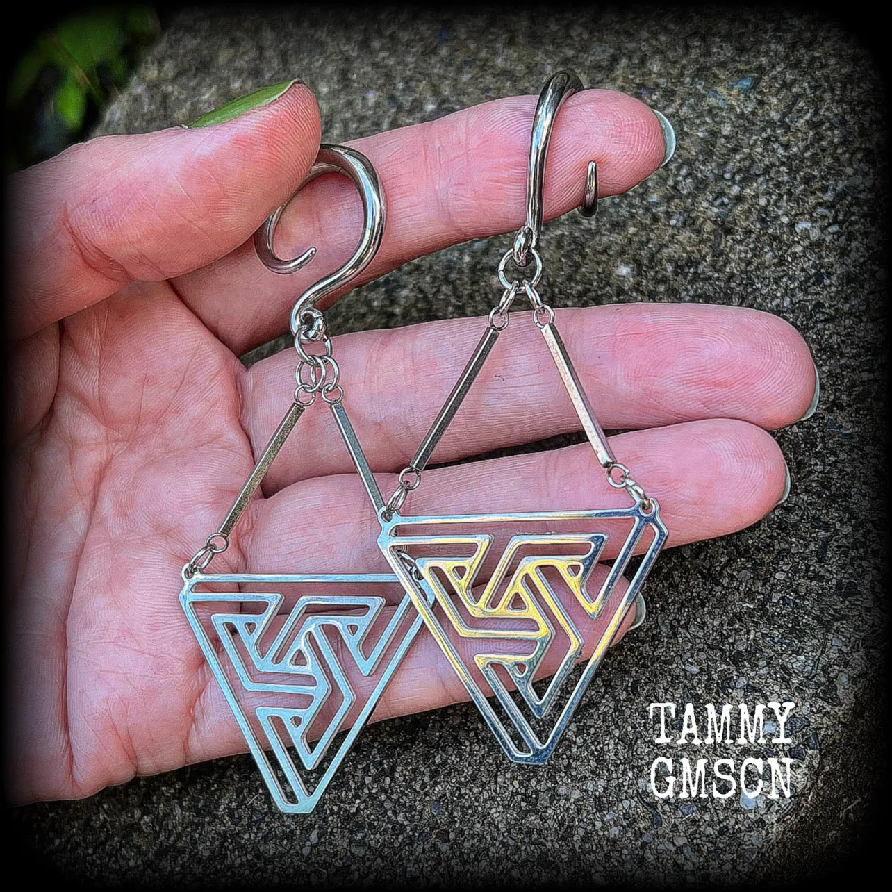 MC Escher impossible triangle gauged earrings-Penrose triangle ear hangers