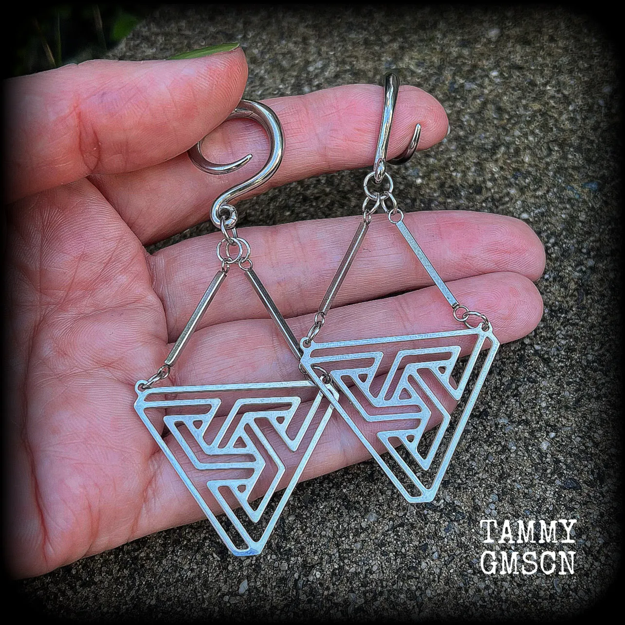 MC Escher impossible triangle gauged earrings-Penrose triangle ear hangers