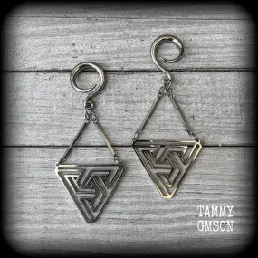 MC Escher impossible triangle gauged earrings-Penrose triangle ear hangers