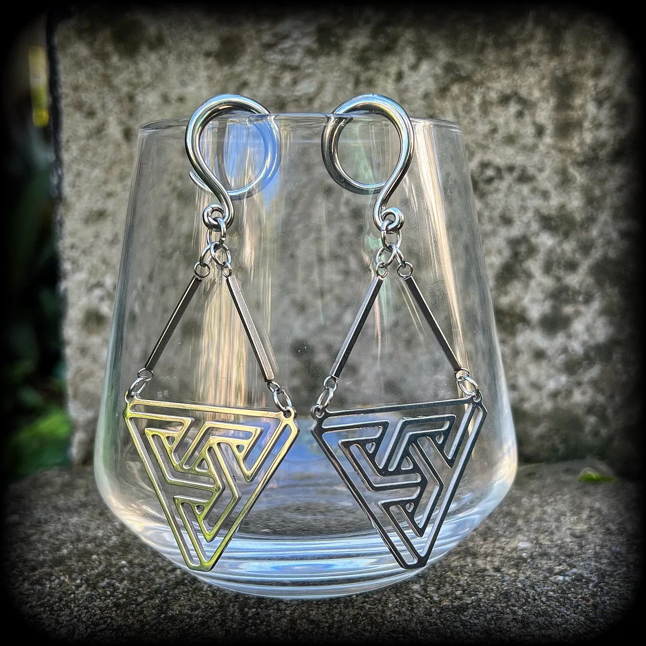 MC Escher impossible triangle gauged earrings-Penrose triangle ear hangers