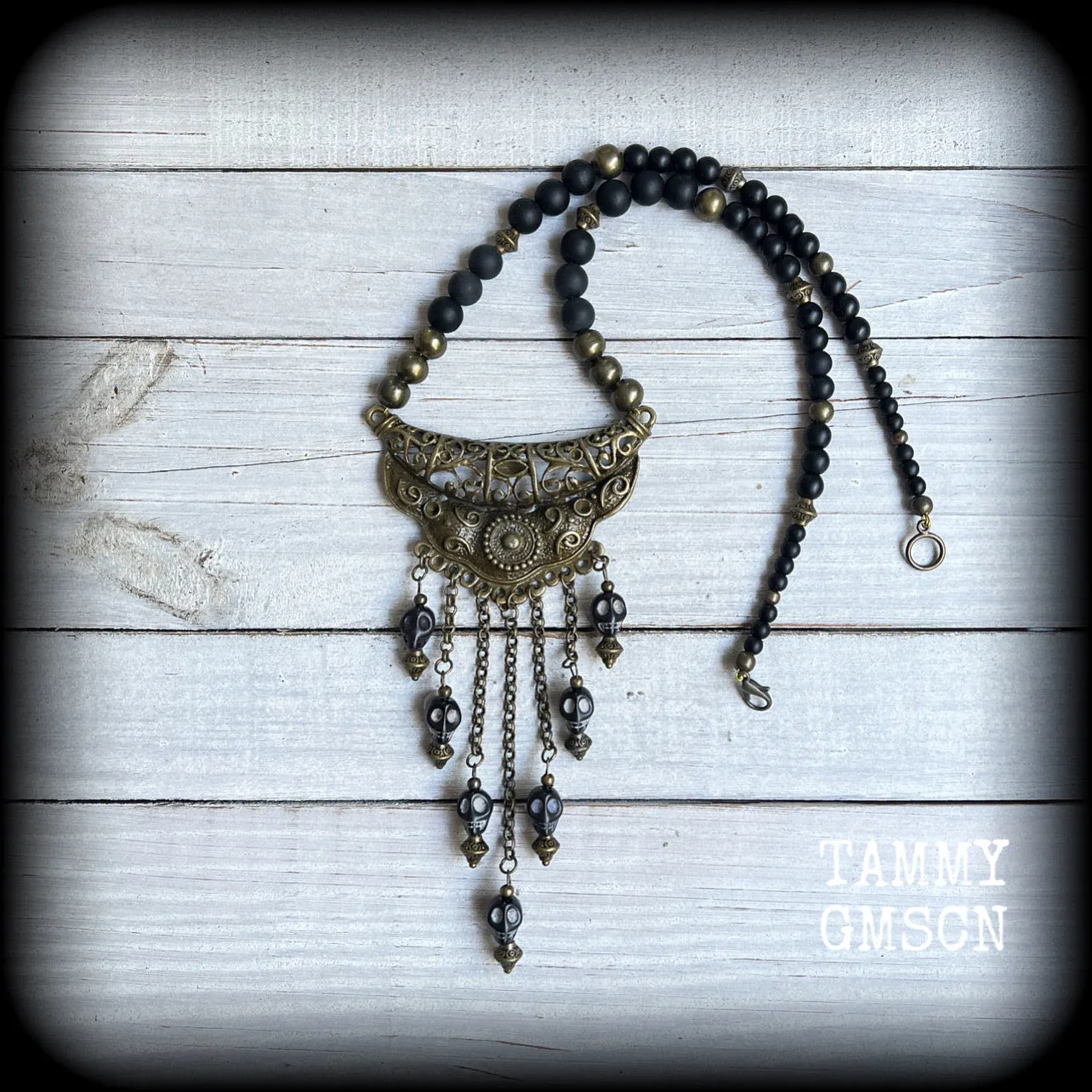 Ogoun necklace-Statement bronze and stone bead necklace