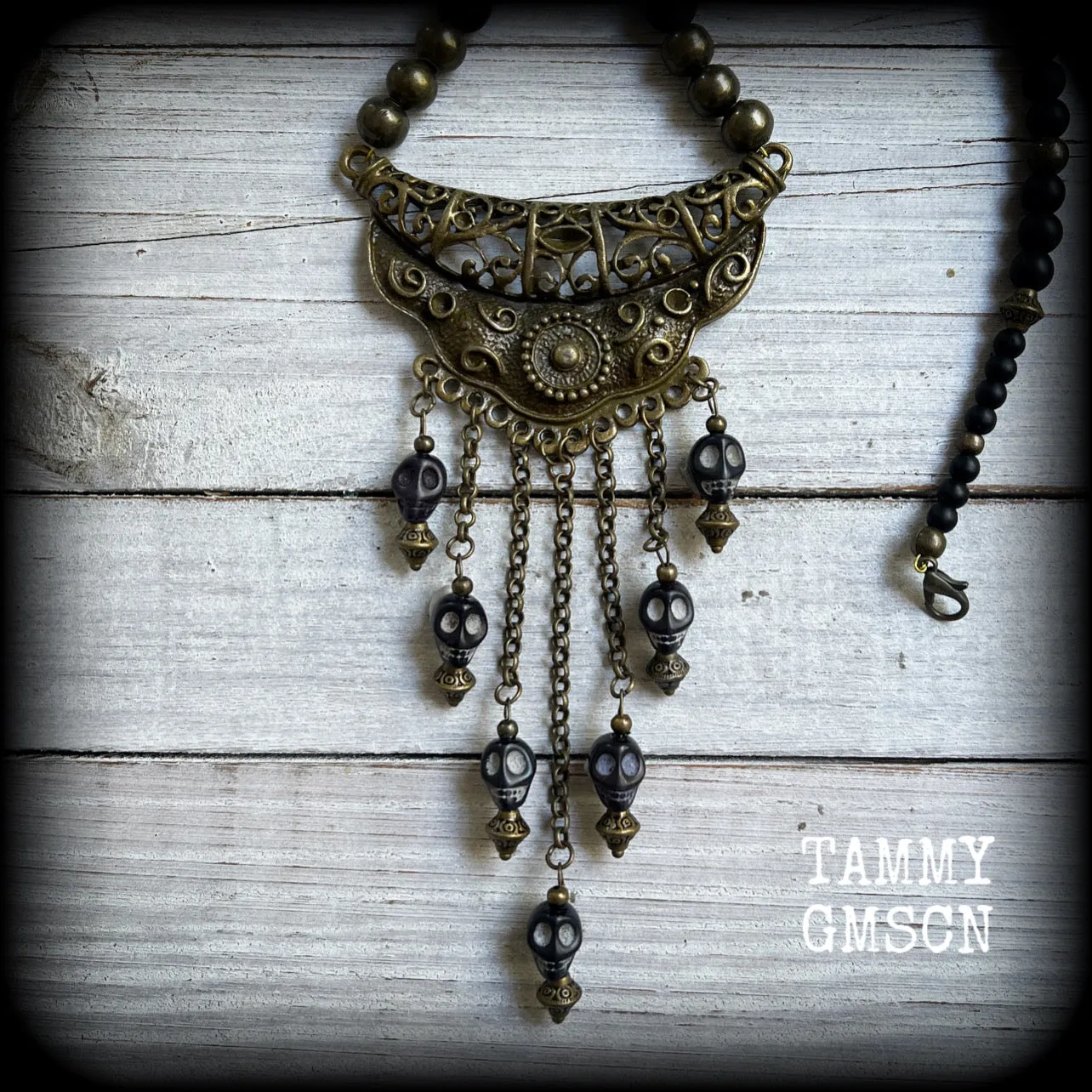 Ogoun necklace-Statement bronze and stone bead necklace