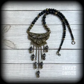 Ogoun necklace-Statement bronze and stone bead necklace