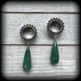 Ornate Aventurine teardrop tunnel dangles-Gemstone tunnel earrings
