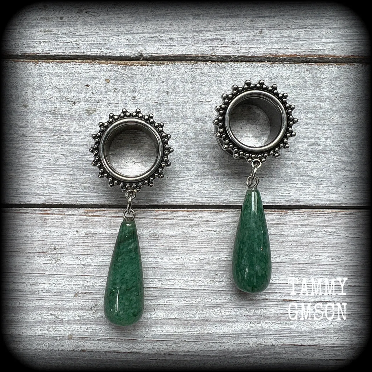 Ornate Aventurine teardrop tunnel dangles-Gemstone tunnel earrings