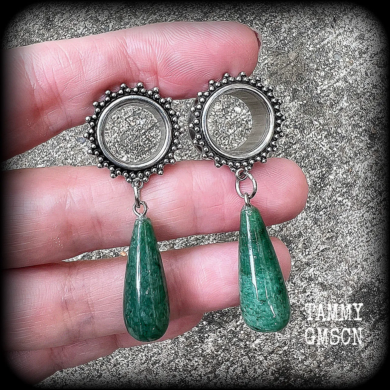Ornate Aventurine teardrop tunnel dangles-Gemstone tunnel earrings