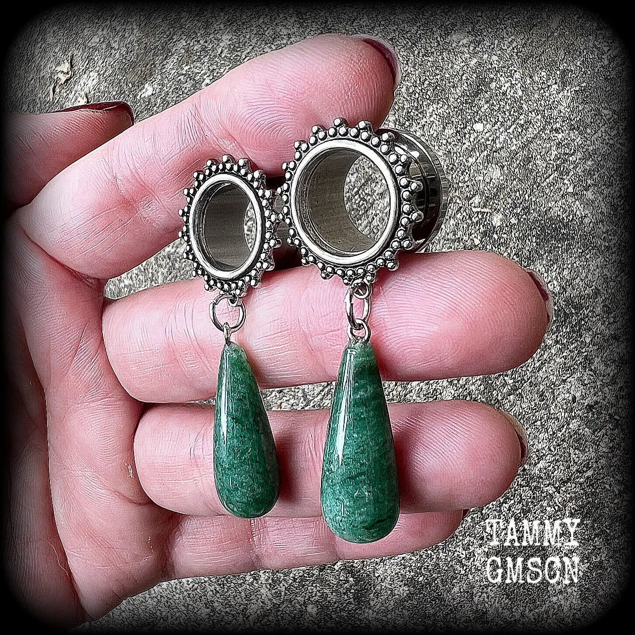Ornate Aventurine teardrop tunnel dangles-Gemstone tunnel earrings