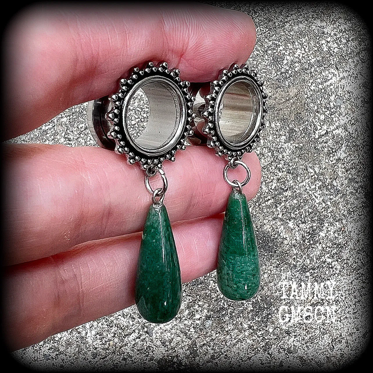 Ornate Aventurine teardrop tunnel dangles-Gemstone tunnel earrings