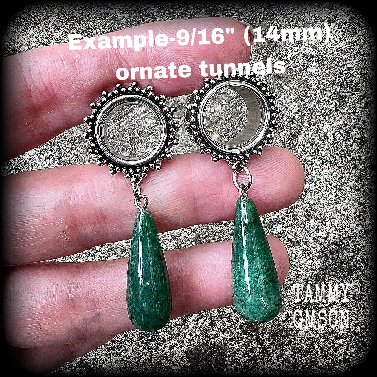 Ornate Aventurine teardrop tunnel dangles-Gemstone tunnel earrings