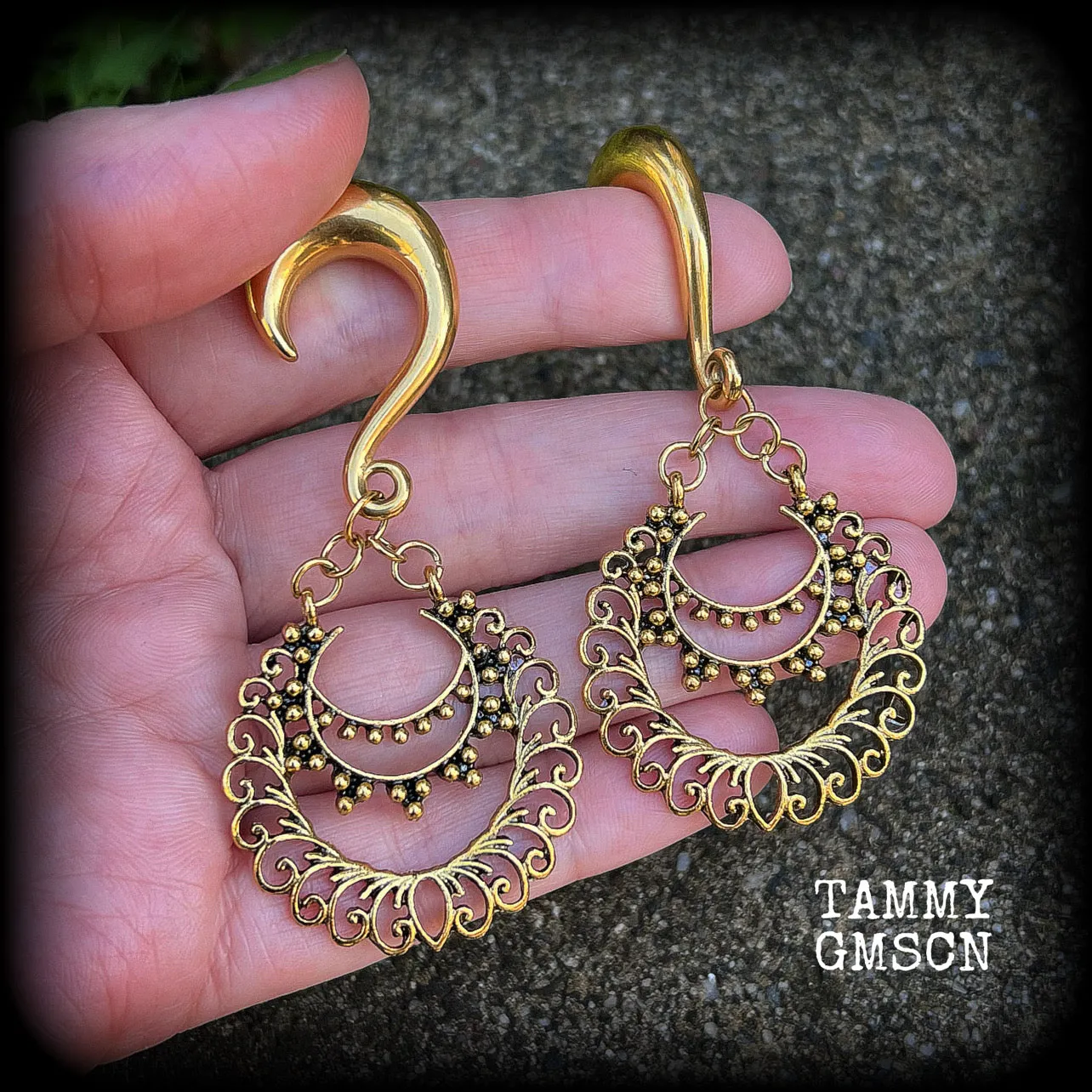 Ornate filigree Aphrodite henna gauged earrings