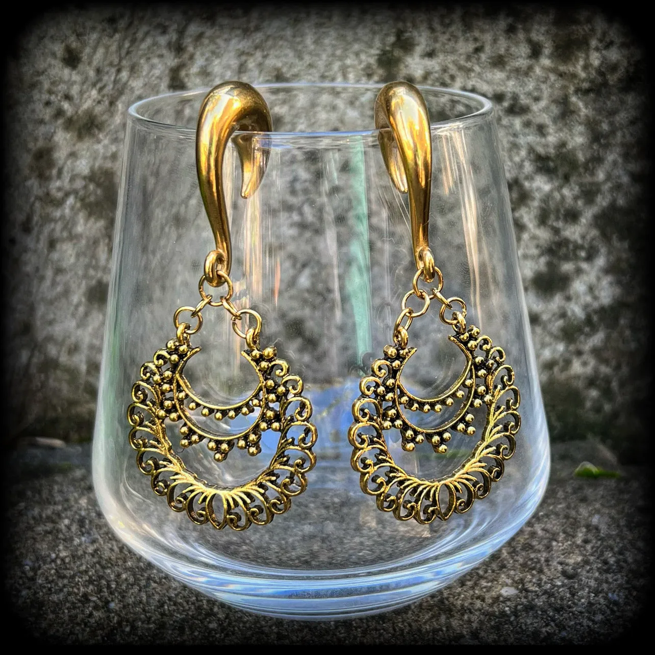 Ornate filigree Aphrodite henna gauged earrings