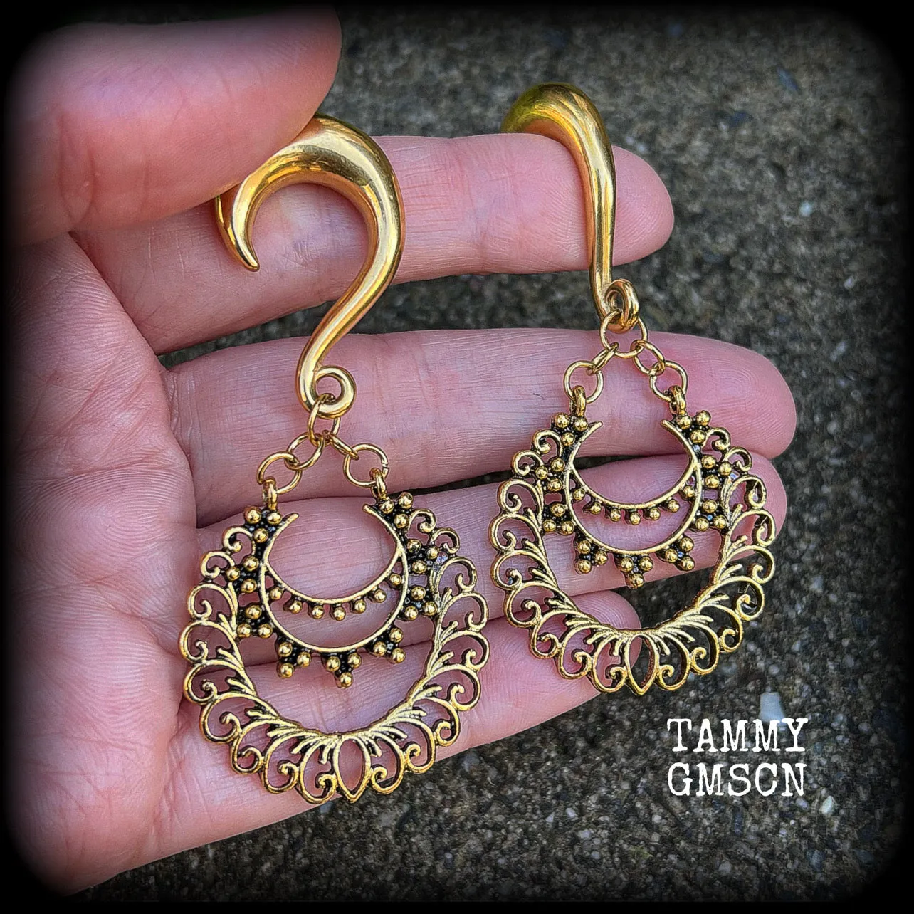 Ornate filigree Aphrodite henna gauged earrings
