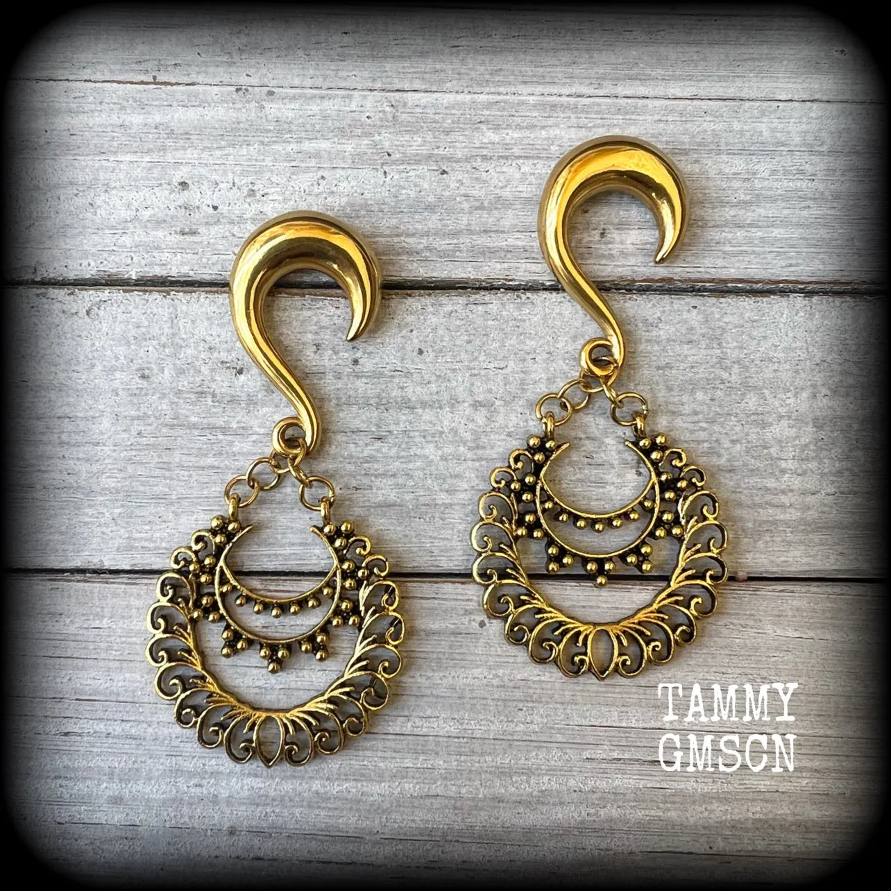 Ornate filigree Aphrodite henna gauged earrings