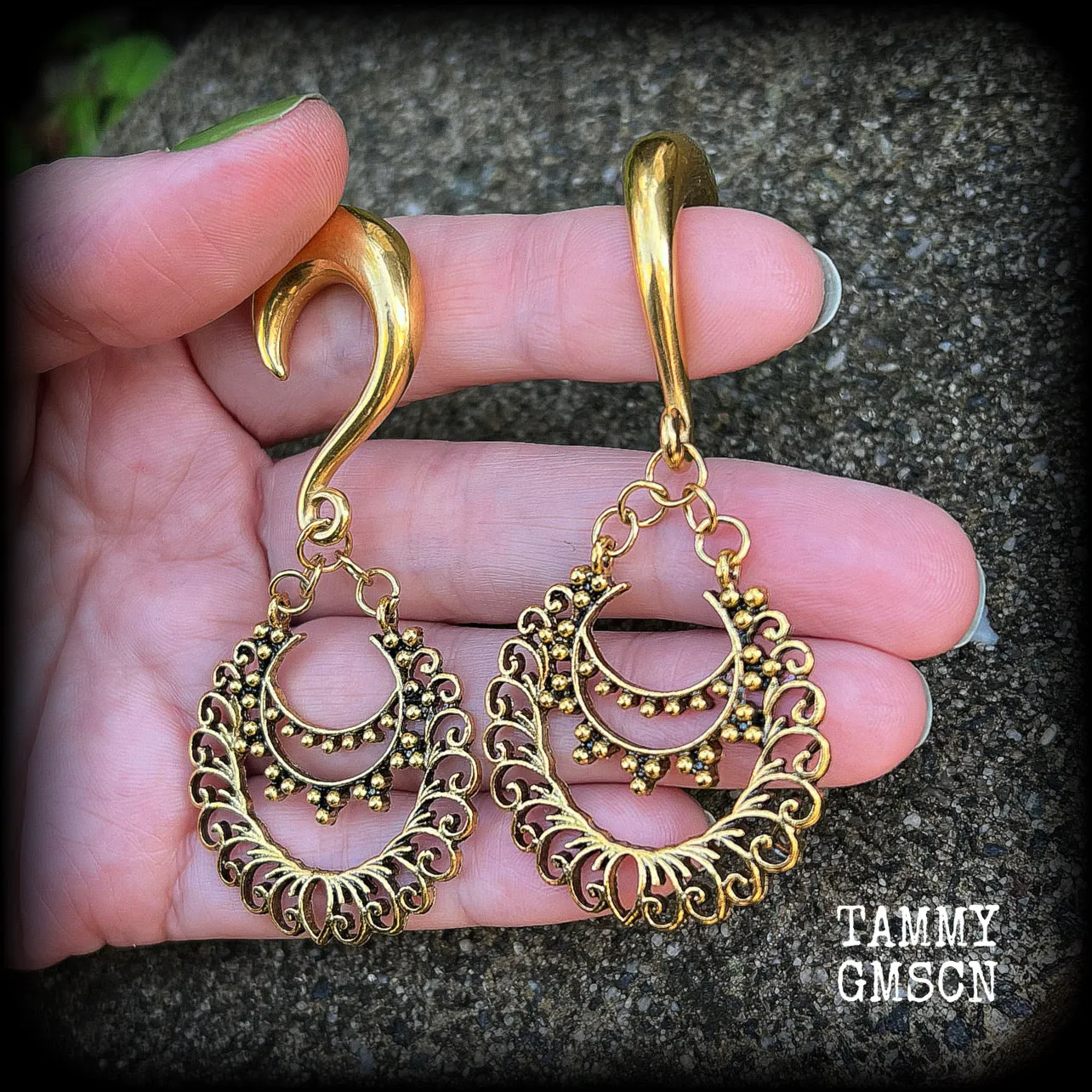 Ornate filigree Aphrodite henna gauged earrings