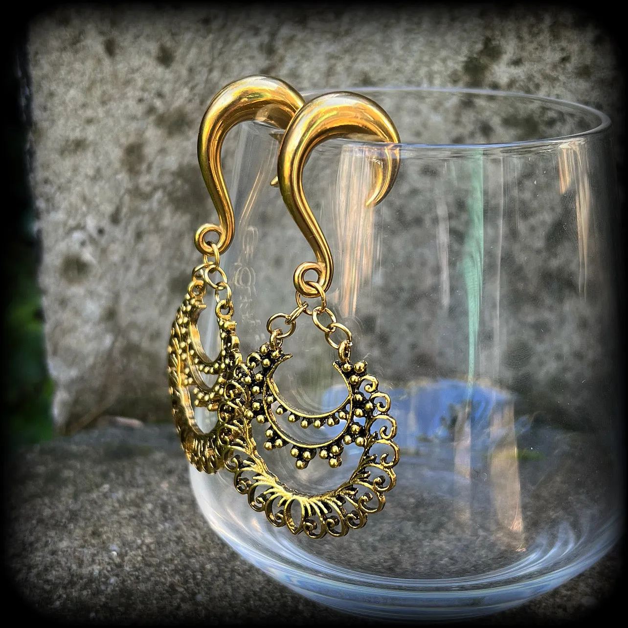 Ornate filigree Aphrodite henna gauged earrings