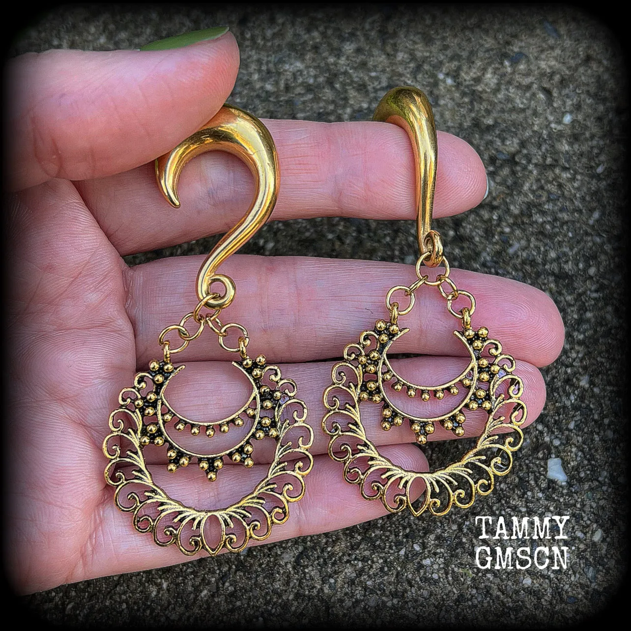 Ornate filigree Aphrodite henna gauged earrings
