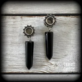 Ornate Obsidian gemstone tunnel dangles