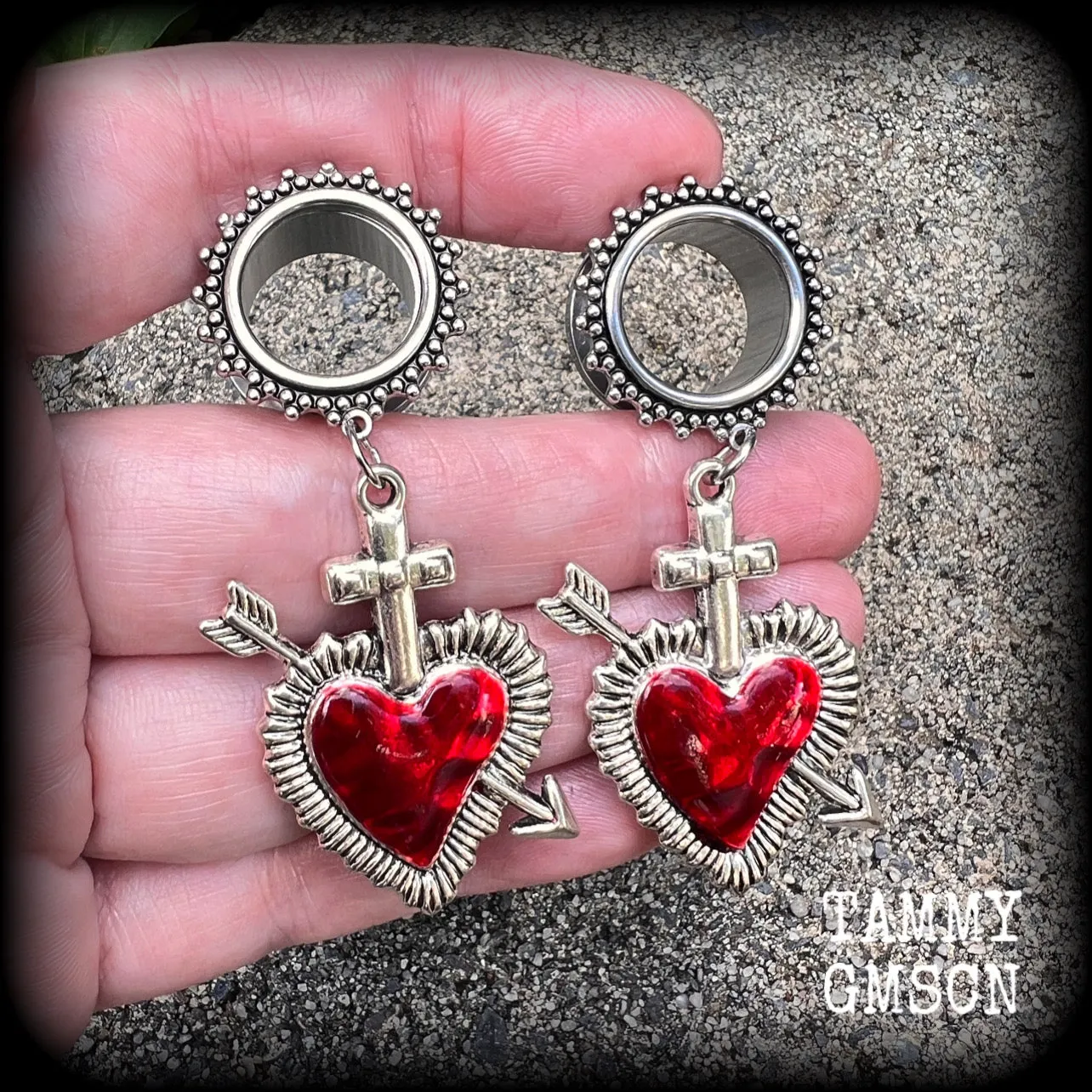 Red sacred heart tunnel earrings-Gothic tunnel dangles