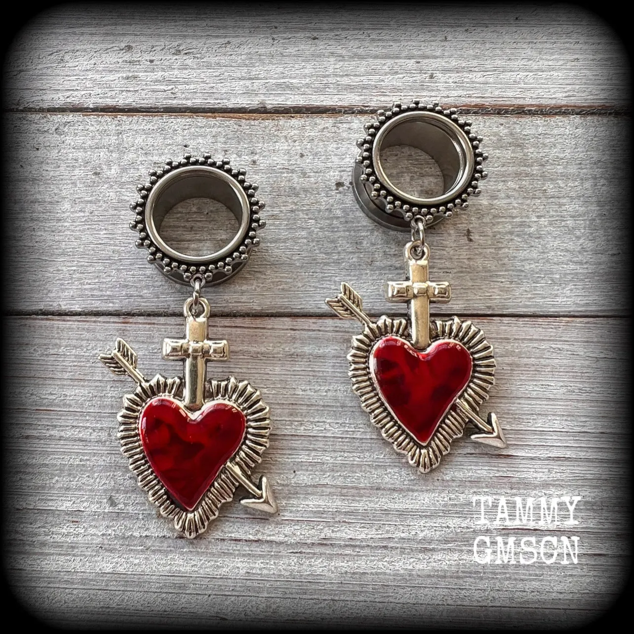 Red sacred heart tunnel earrings-Gothic tunnel dangles