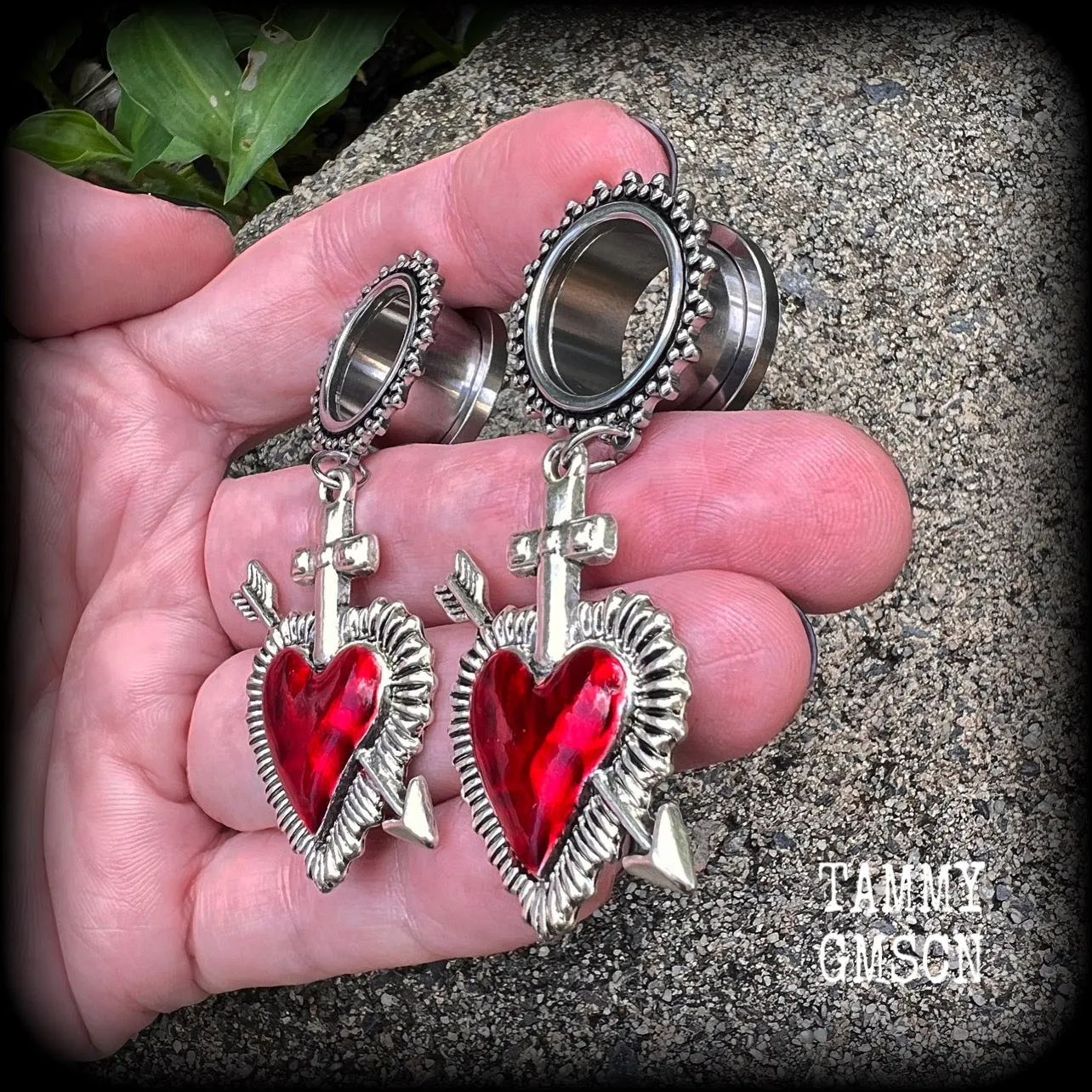 Red sacred heart tunnel earrings-Gothic tunnel dangles