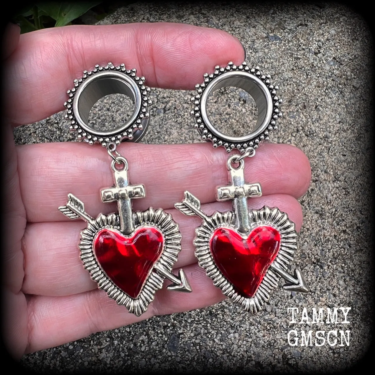 Red sacred heart tunnel earrings-Gothic tunnel dangles