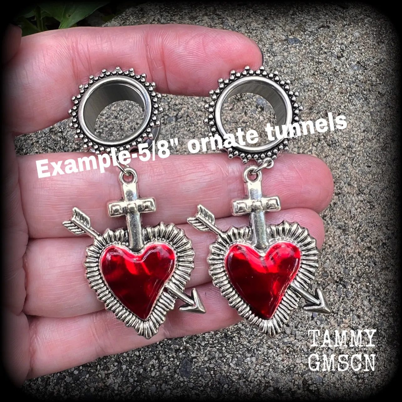 Red sacred heart tunnel earrings-Gothic tunnel dangles