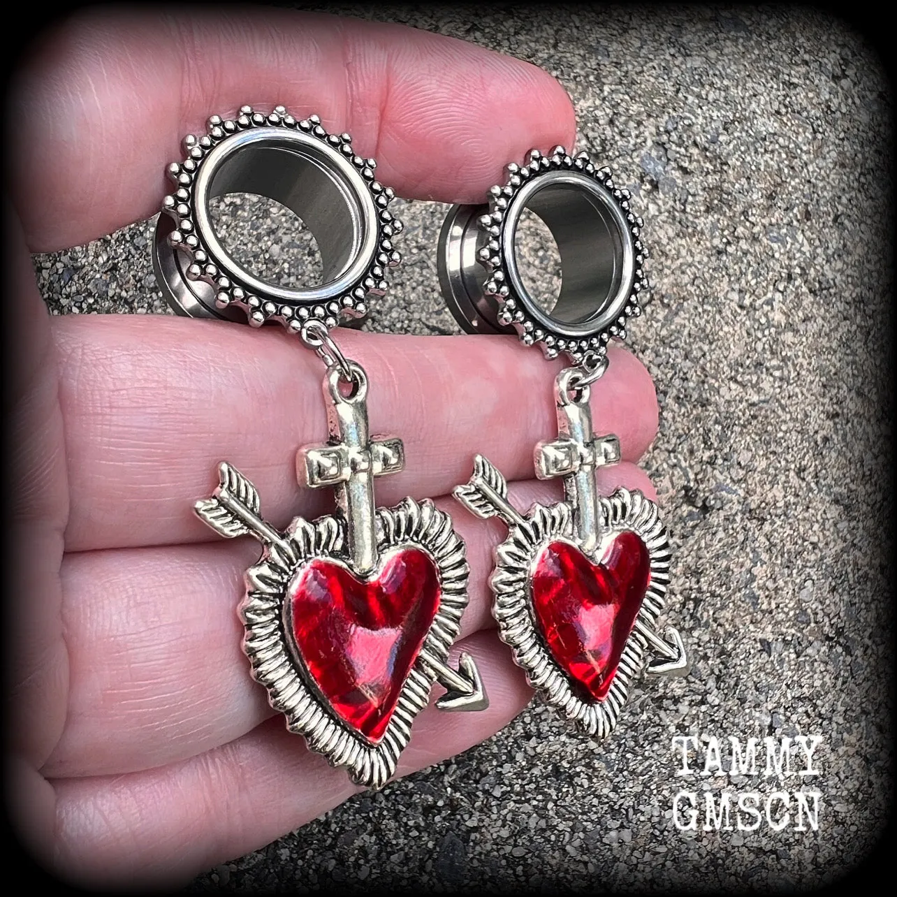 Red sacred heart tunnel earrings-Gothic tunnel dangles