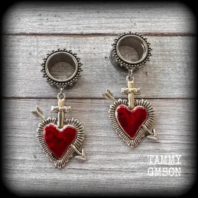 Red sacred heart tunnel earrings-Gothic tunnel dangles