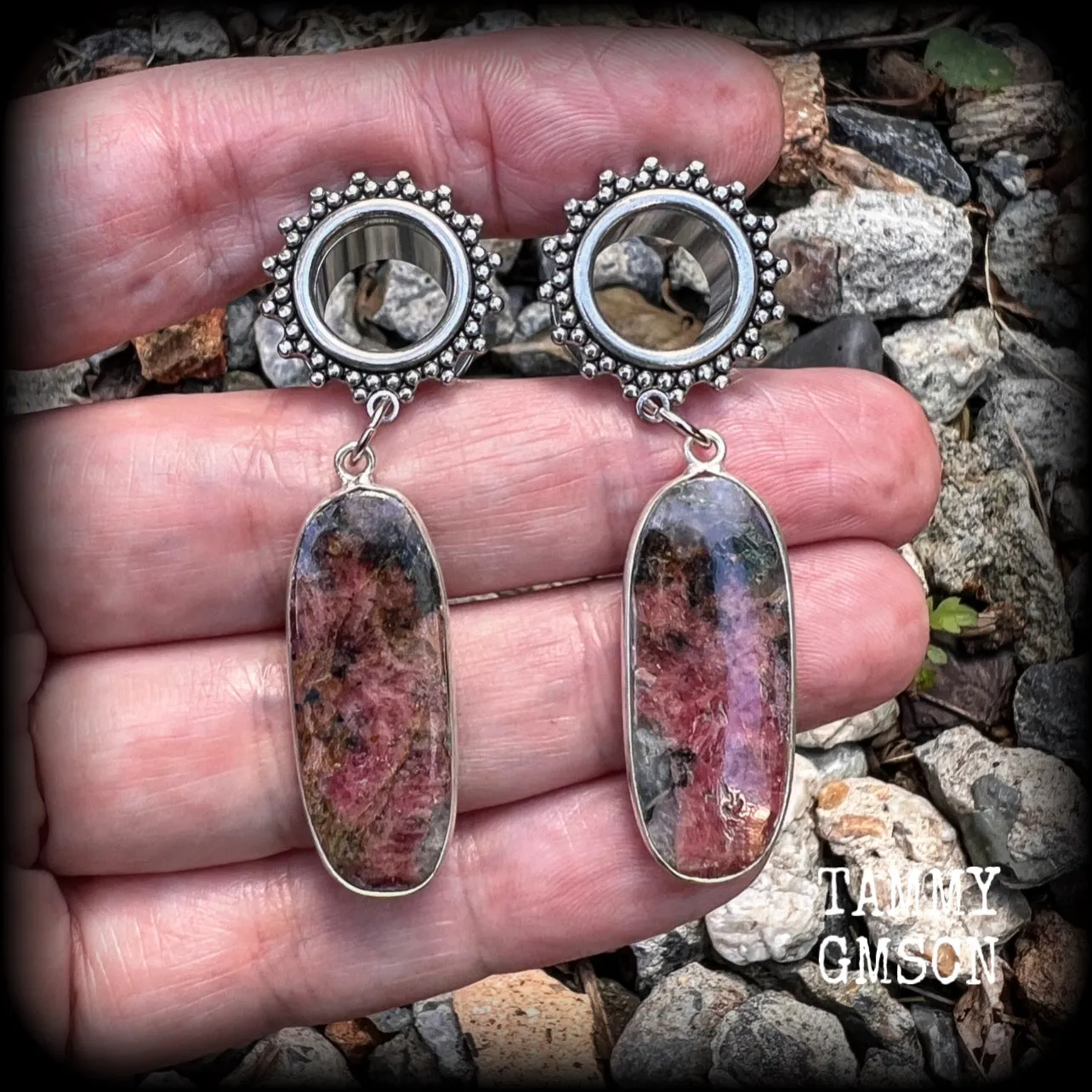 Rhodochrosite tunnel earrings-Gemstone tunnel dangles
