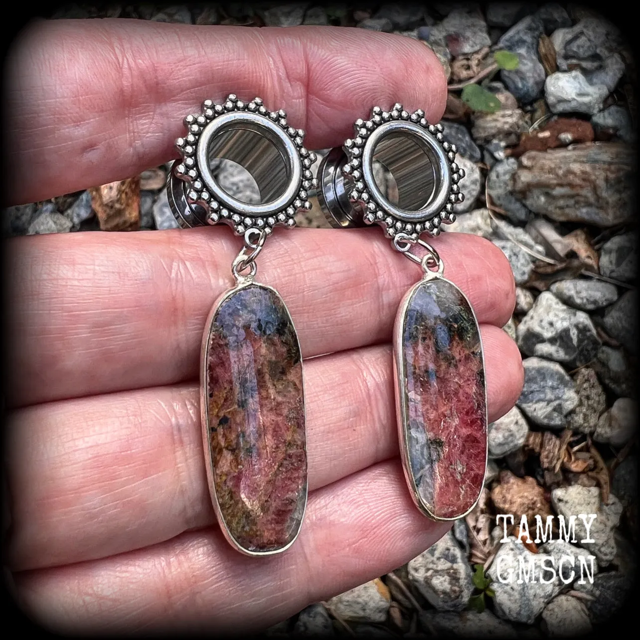 Rhodochrosite tunnel earrings-Gemstone tunnel dangles
