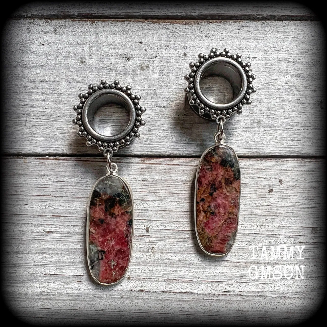 Rhodochrosite tunnel earrings-Gemstone tunnel dangles