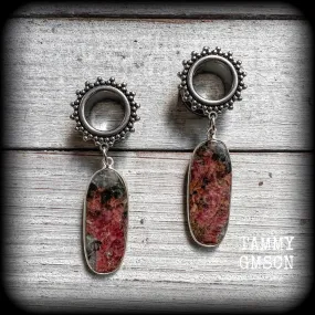 Rhodochrosite tunnel earrings-Gemstone tunnel dangles