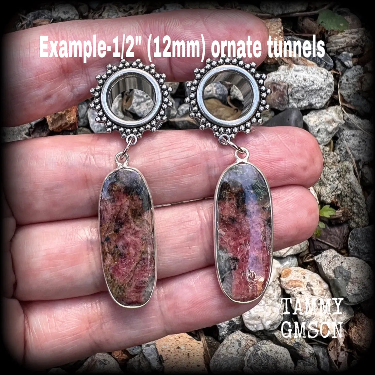 Rhodochrosite tunnel earrings-Gemstone tunnel dangles