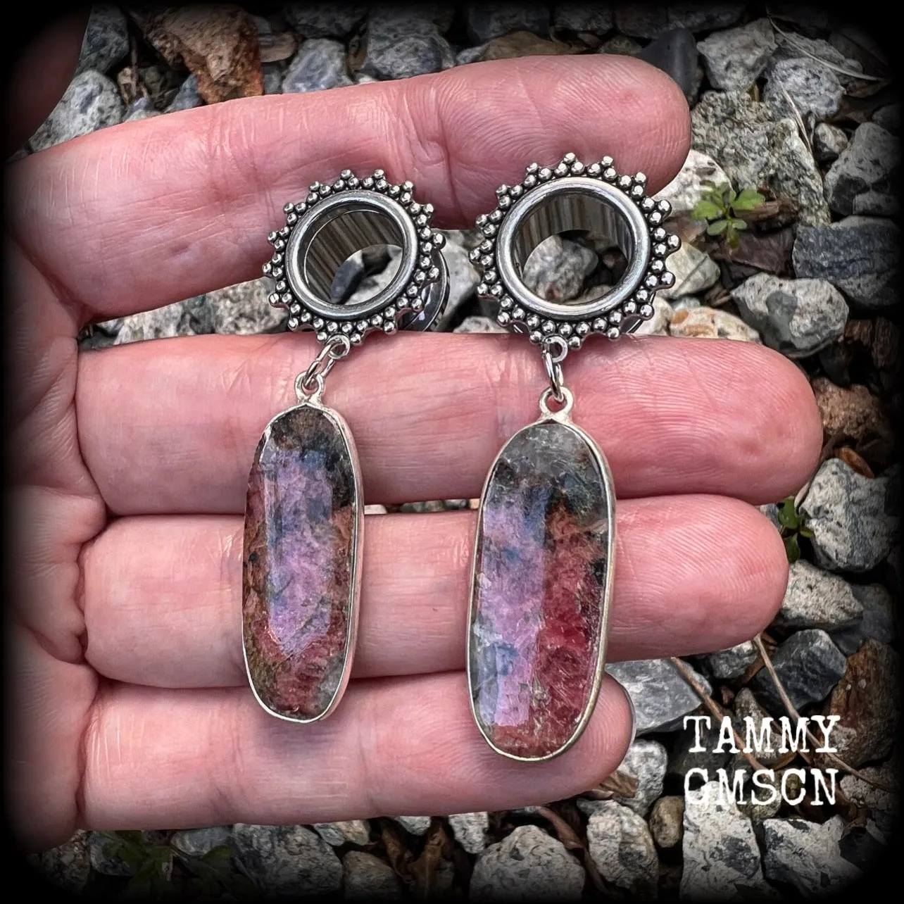 Rhodochrosite tunnel earrings-Gemstone tunnel dangles