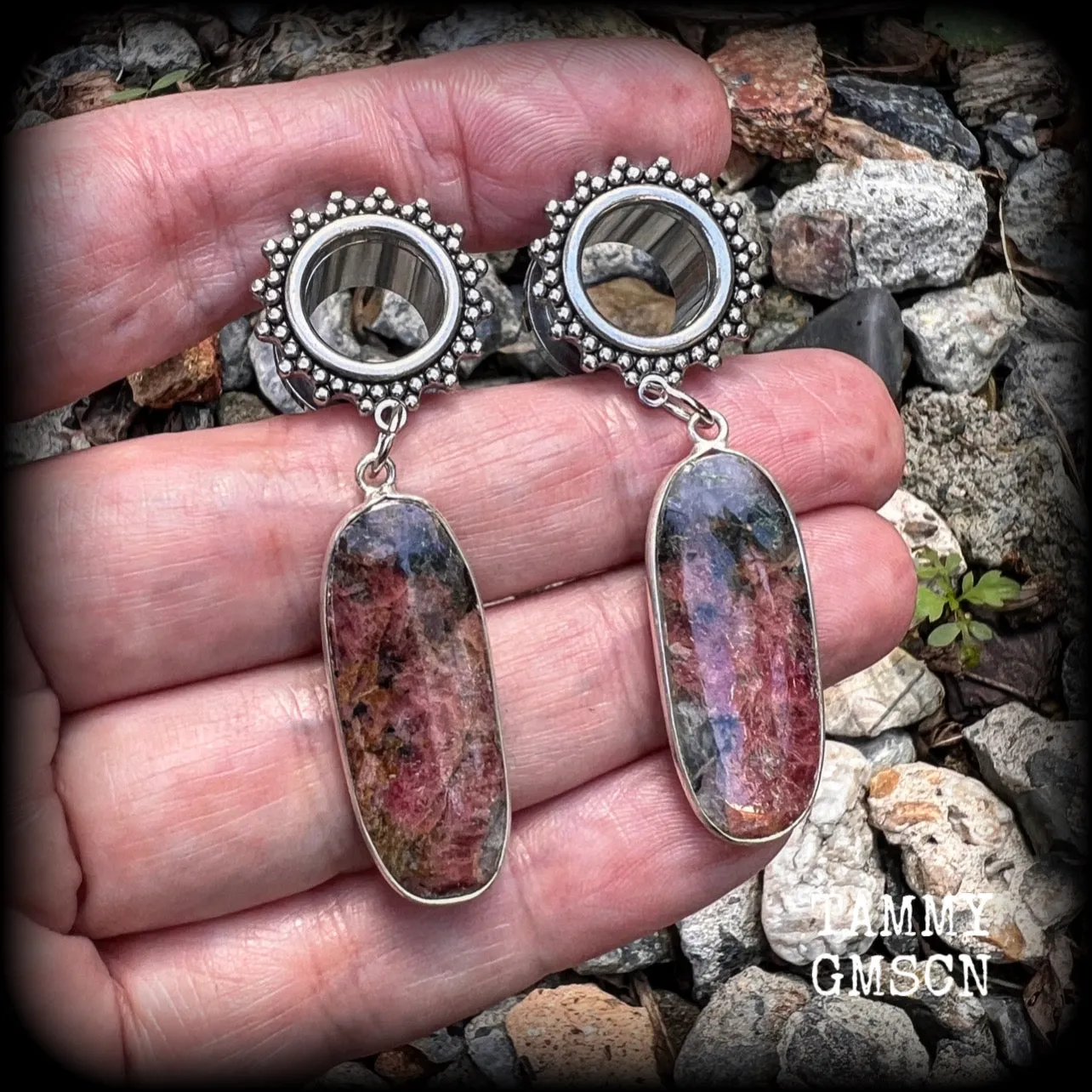 Rhodochrosite tunnel earrings-Gemstone tunnel dangles