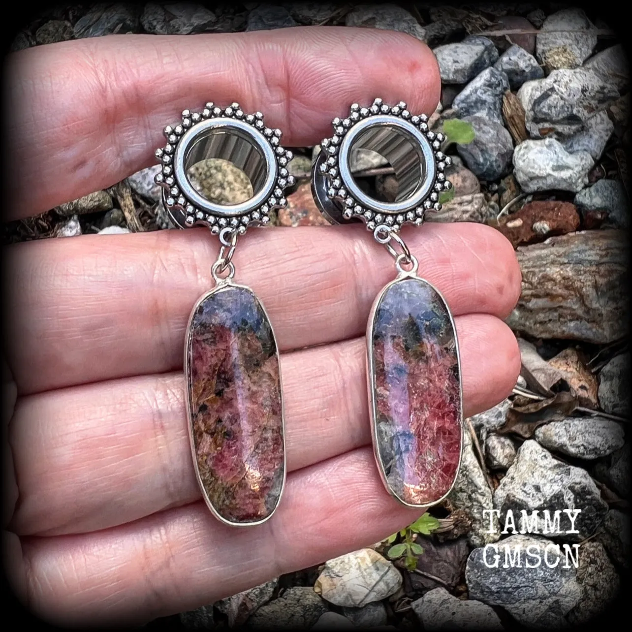 Rhodochrosite tunnel earrings-Gemstone tunnel dangles