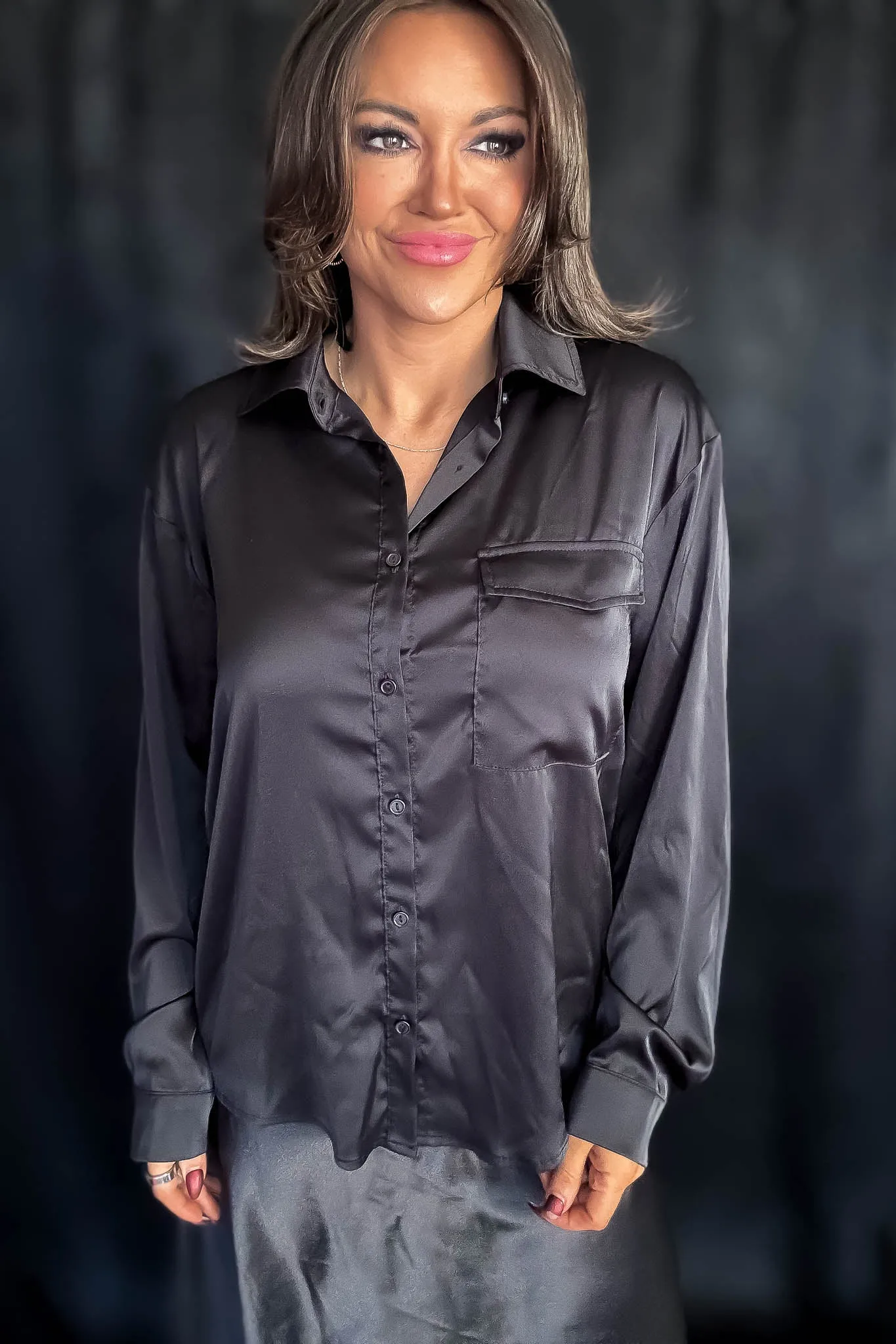 Satin Black Button Down Blouse
